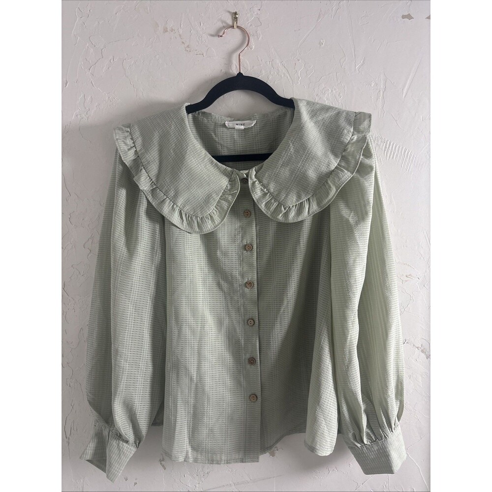 mine Sage Green Ruffled Collar Button-Front Blouse - Picture 2 of 10